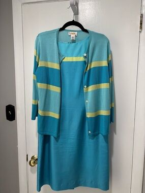 Talbots Aqua Blue Lime Green 2 Piece Silk Dress & Sweater Size 12